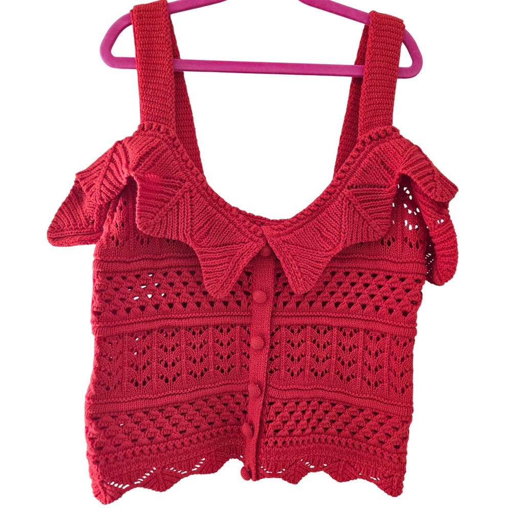 BLU Pepper Boho Red Crochet Pointelle Knit Ruffle Collar Tank Top Button Front L - Picture 2 of 6